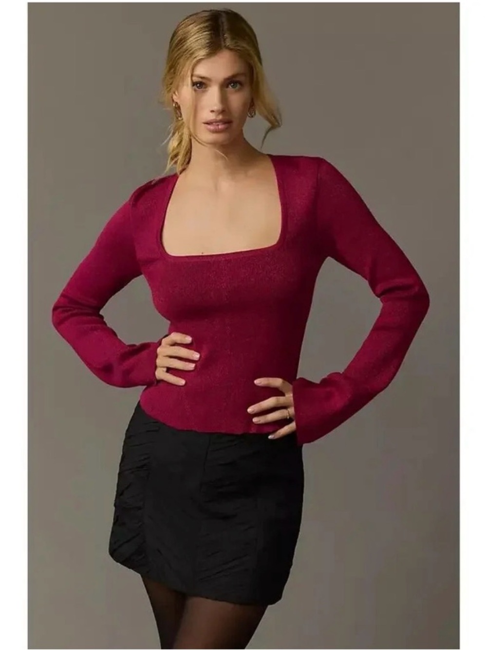 Anthropologie Maeve Square-Neck Bell-Sleeve Sweater Size S Raspberry GC202